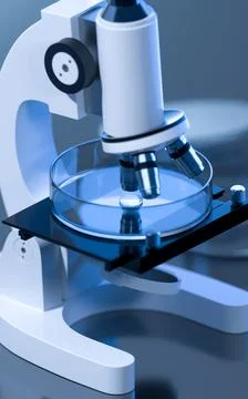 Glassware and microscope in the laboratory, 3d rendering. Stockillustratie