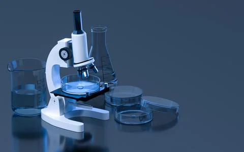 Glassware and microscope in the laboratory, 3d rendering. 스톡 일러스트