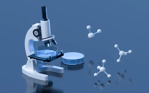 Glassware and microscope in the laboratory, 3d rendering. 스톡 일러스트