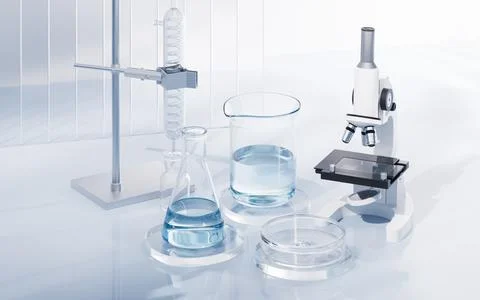 Glassware and microscope in the laboratory, 3d rendering. Illustrazione stock