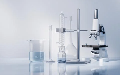 Glassware and microscope in the laboratory, 3d rendering. Illustrazione stock