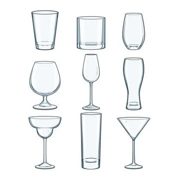 Glassware collection featuring various empty drink glasses Stock Illustration