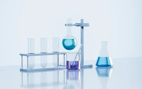 Glassware on the desk in the lab, 3d rendering. Stock Illustration