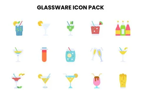 Glassware Flat Collection Icons Pack Stock Illustration