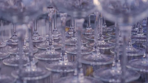 Glassware macro close up. Many beautiful wine glasses at the bar in slow motion. Stock Footage 119527737