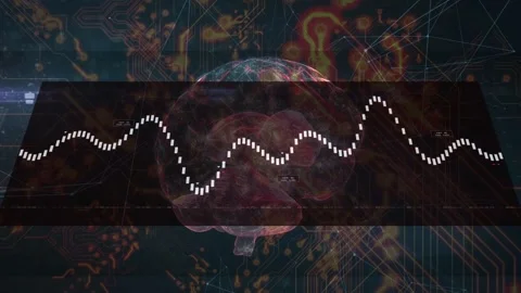 Glassy 3D brain black panel animating dotted line lighting, waveform rising, Stock Footage 334724899