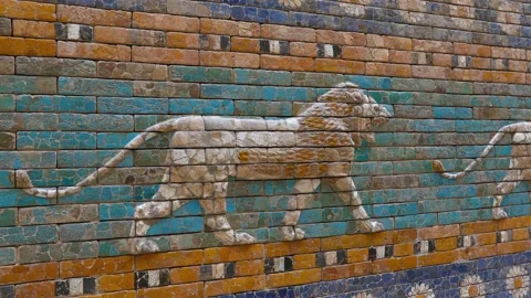 Glazed brick bas relief of Ishtar Gate of Babylon Stock Footage