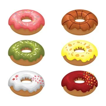 Glazed colored donuts install 3D. Vector illustration on white isolated backg Stock Illustration