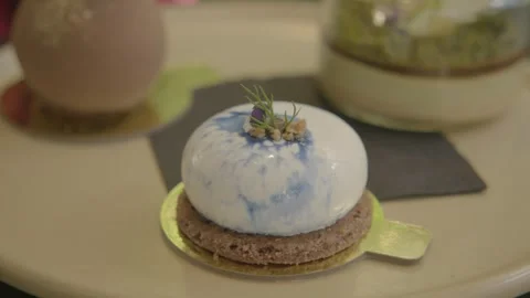 Glazed Dome Dessert with Garnish on Biscuit Base in Sydney Cafe, Australia Stock Footage 345811249