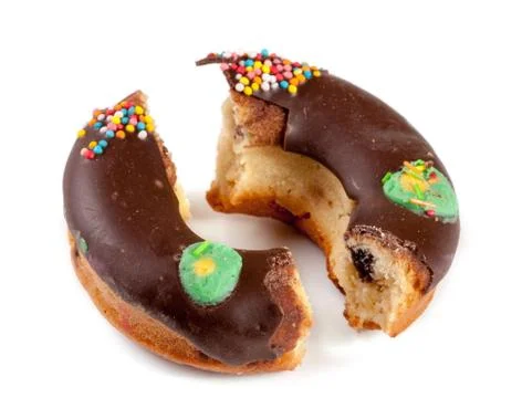 Glazed donut with a bite isolated on white background Foto stock