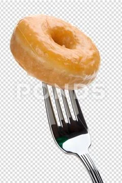 Glazed donut on fork isolated, sweet pastry dessert, sugar icing drip Plantilla PSD