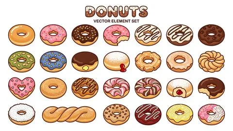 Glazed donut vector element set with assorted chocolate strawberry and vani.. Stock Illustration