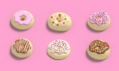 Glazed Donuts Collection 3d realistic design set of elements. Sweet food, d.. Stock Illustration