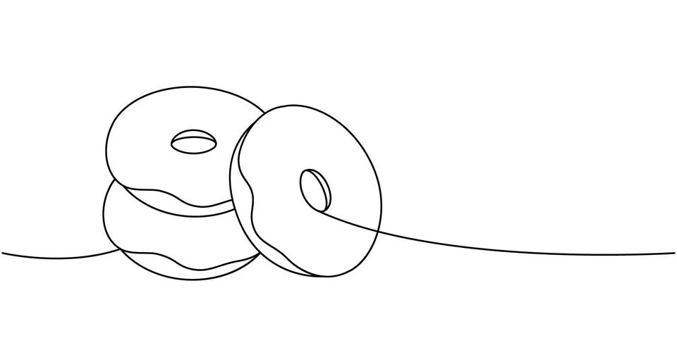 Glazed donuts one line continuous drawing. Bakery sweet pastry food. Vector Stock Illustration
