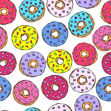 Glazed Donuts Seamless Background. Fast Street Food. Realistic Hand Drawn Ill Stock Illustration