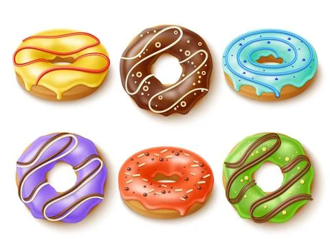 Glazed donuts set. Realistic sweet cakes with different toppings and flavors Stock Illustration