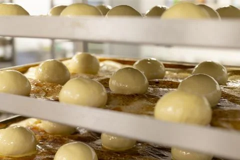 Glazed dough balls resting on baking trays inside bakery rack under warm light Stock Photos