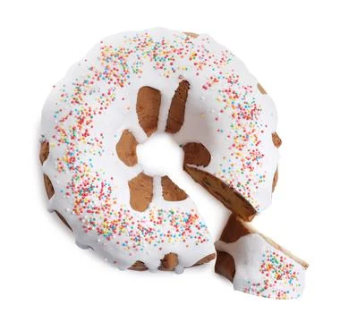 Glazed Easter cake with sprinkles on white background, top view Foto stock
