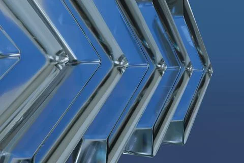 Gleaming reflective silver and blue chevron-like forms create an abstract, .. Ilustração Stock
