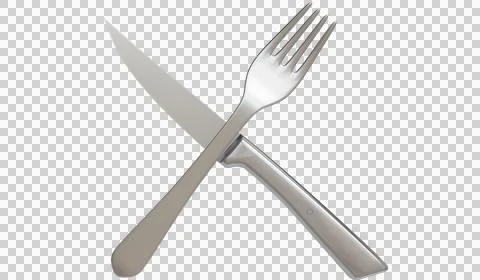 A gleaming silver knife with a sharp blade and a four-pronged fork Stock Photos