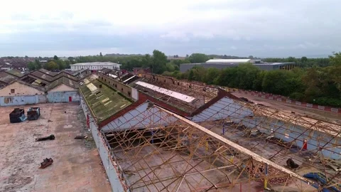 Glen Dimplex warehouse demolition aerial view over the factory building remains Stock Footage 345409850