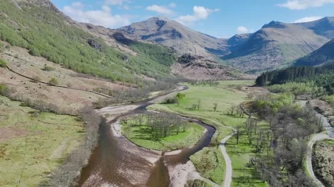Glen Nevis Valley and River Navis from a drone, Fort William, Lochaber, Scotland Stock Footage 308880791