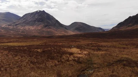 Glencoe Scotland Mountain Range And Brown Moorland Valley Aerial 4K Stock Footage 108150404
