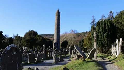 Glendalough Cathedral and Roundtower Stock Footage 235591126