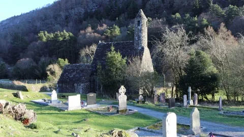 Glendalough Cathedral and Roundtower Stock Footage 235591152