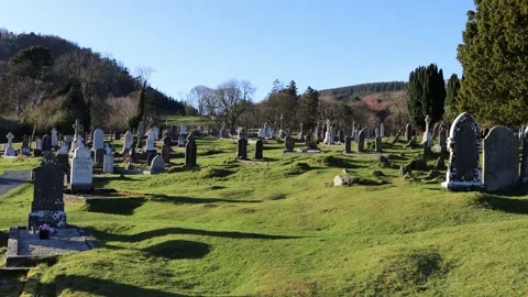 Glendalough Cathedral and Roundtower Stock Footage 235591496