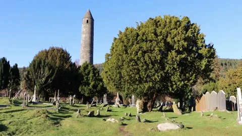 Glendalough Cathedral and Roundtower Stock Footage 235591816