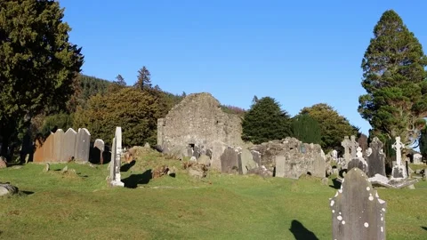 Glendalough Cathedral and Roundtower Stock Footage 235591818