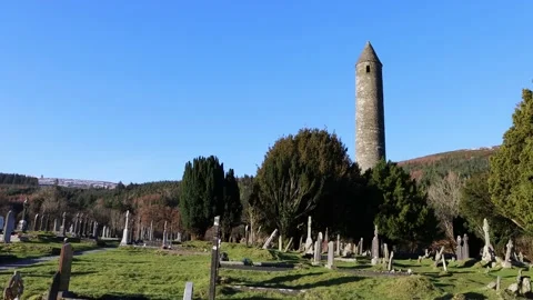 Glendalough Cathedral and Roundtower Stock Footage 235591977