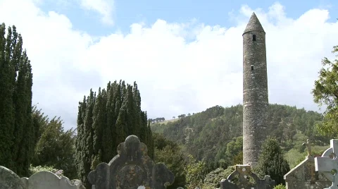 Glendalough Round Tower Graveyard Stock Footage 460139