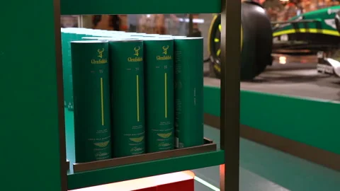 Glenfiddich 19-year-old Single Malt Scotch whiskey cases on display. Stock Footage 325761410