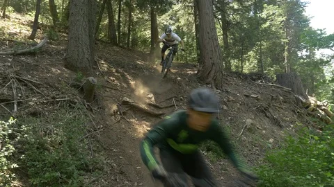Glide cam shot of two guys mountain biking down a steep hill 動画素材 77584878