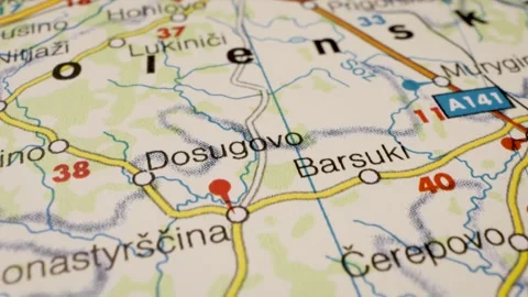 Glide over map from Mstislavl, Belarus to Smolensk, Russia Stock Footage 339463542