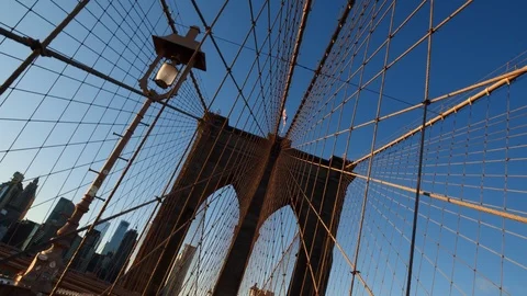 Glide rotating moving shot of American flag waving on Brooklyn Bridge, New York. Stock Footage 122536089