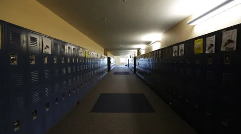 Glidecam Down School Hallway with Lockers Stock Footage 34402914