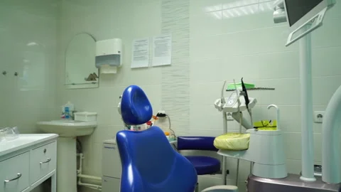 Glidecam wide angle panorama view of dentist's cabinet, dentist chair with Stock Footage 142122048