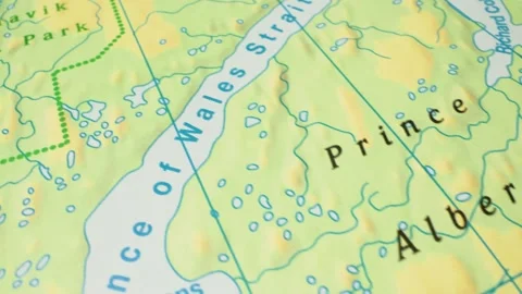 Gliding atlas map view leading to Prince Albert Peninsula, Canada Stock Footage 345784512