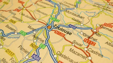 Gliding camera movement over atlas map from perpignan to toulouse, france Stock Footage 343821931