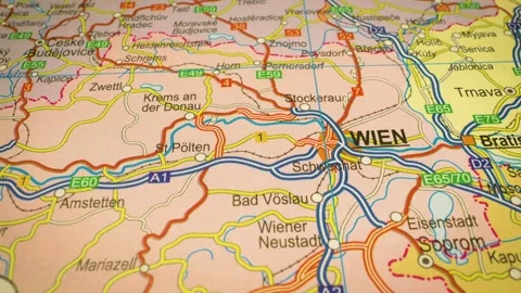 Gliding camera over road network map from brno to vienna Stock Footage 343819439