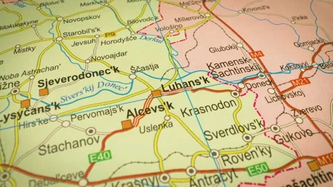 Gliding camera over road network map from donetsk to luhansk, ukraine Stock Footage 343819474