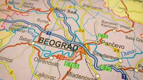 Gliding camera over road network map from novi sad to belgrade, serbia Stock Footage 343824401
