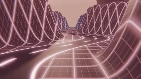 Gliding camera pushing forward along winding shiny road in neon grid canyon Stock Footage 337505000