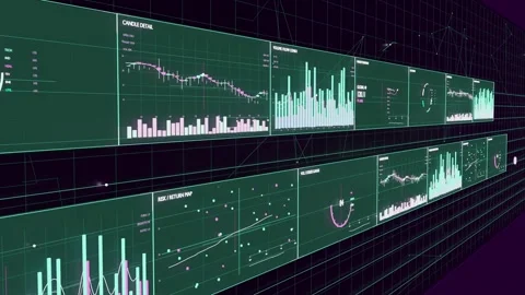 Gliding camera revealing pair of green dashboard panels in 3D space, presenting Stock Footage 337505052