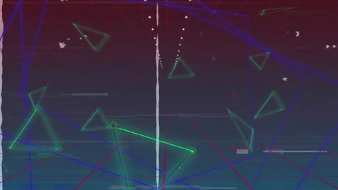 Gliding camera through 3D grid corridor, with drifting green triangles and Stock Footage 311474941