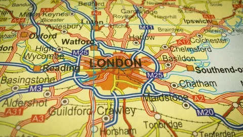 Gliding camera view following major road network map leading to London Stock Footage 343125054