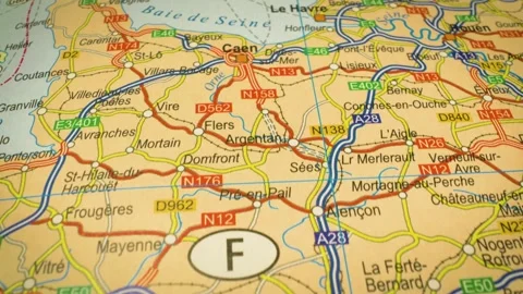 Gliding camera view following road network from Le Mans to Le Havre, France Stock Footage 343124697